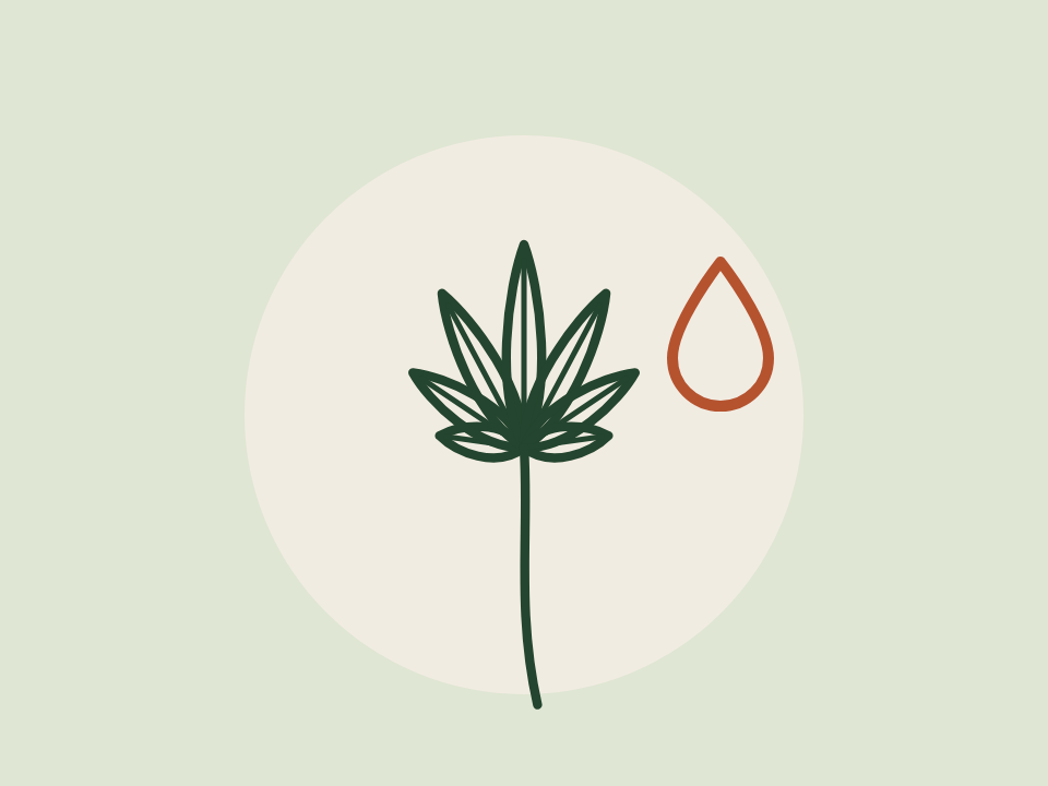 Line drawing of a hemp leaf and a droplet